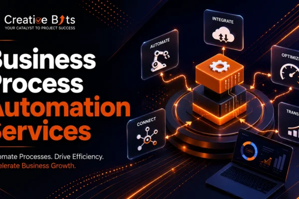Business Process Automation Services illustration showing workflow optimization, AI integration, and digital business tools