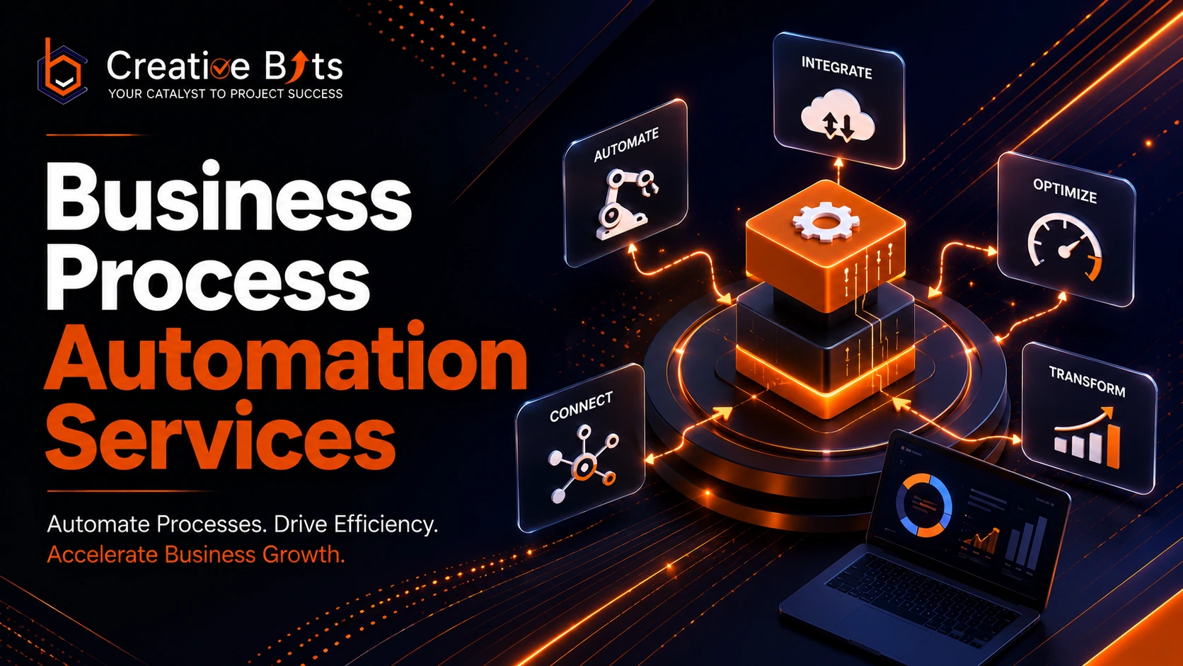 Business Process Automation Services illustration showing workflow optimization, AI integration, and digital business tools