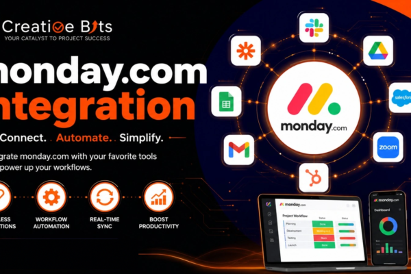 iagram illustrating a seamless software integration with monday.com connected to central workflow apps.