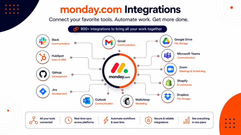 Diagram showing monday.com connected to AI tools like ChatGPT, Claude, and Copilot for automated project management and workflow generation.
