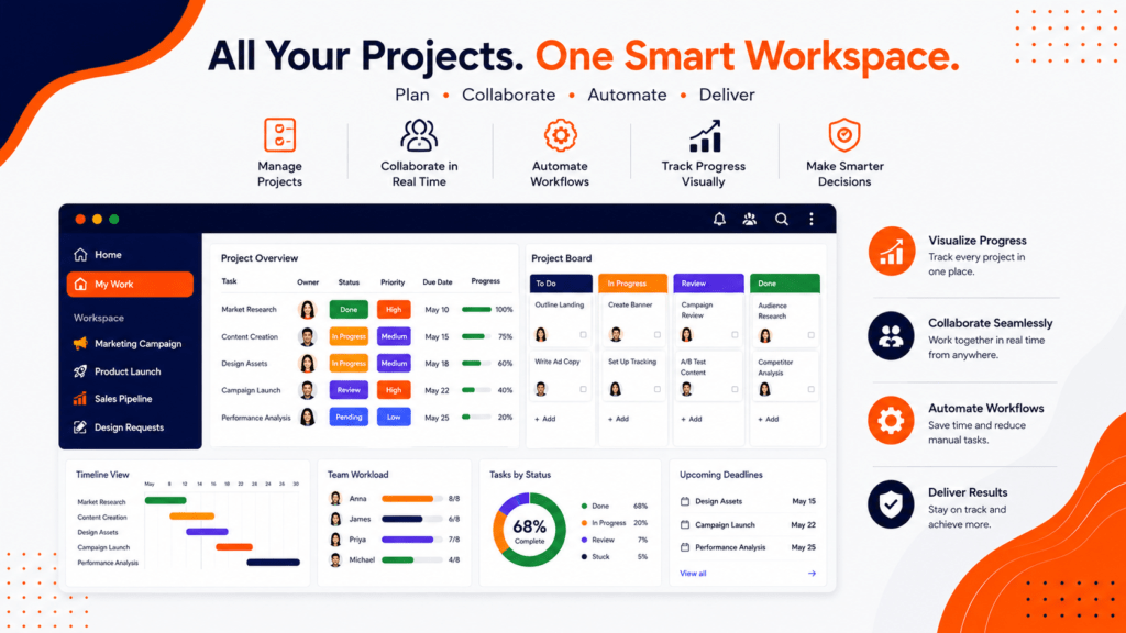 Monday.com project management dashboard showing Kanban board, task tracking, team collaboration, timeline view, and workflow management features.
