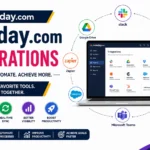 iagram illustrating a seamless software integration with monday.com connected to central workflow apps.