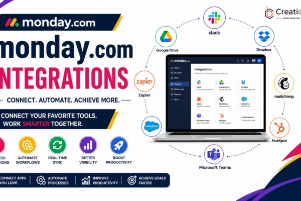 iagram illustrating a seamless software integration with monday.com connected to central workflow apps.