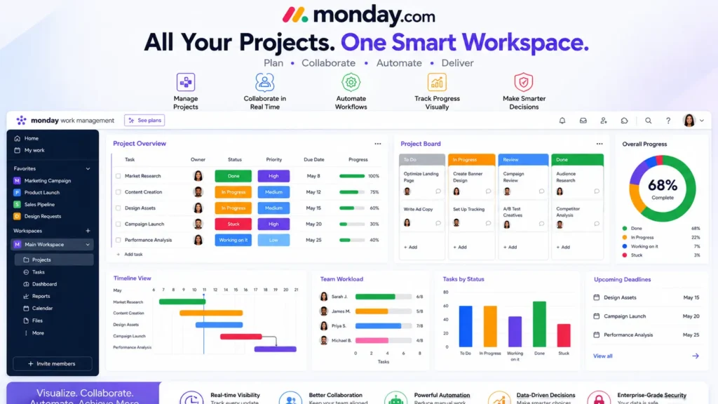 Monday.com project management dashboard showing Kanban board, task tracking, team collaboration, timeline view, and workflow management features.