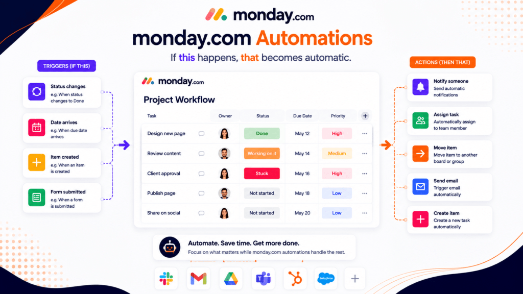 A workflow diagram showing monday.com automations with triggers leading to automated project management actions like task assignments and status updates.