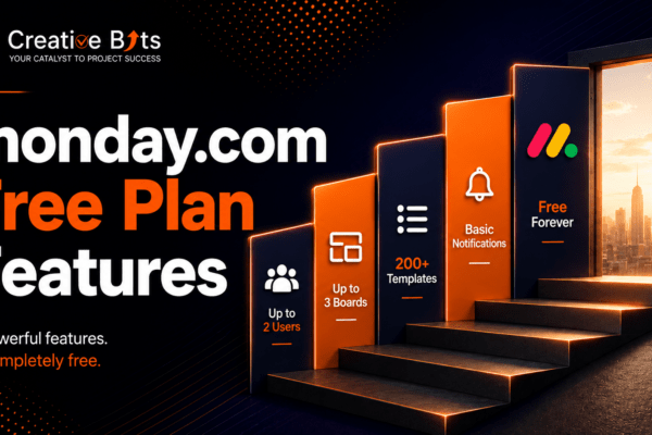 Overview of monday.com free plan features showing dashboard templates, task items, and Kanban view.
