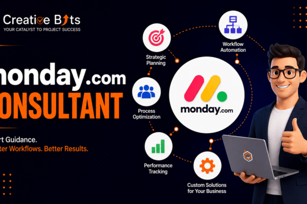 Thumbnail graphic featuring a monday.com consultant with the Creative Bits logo, official monday.com branding, and icons representing workflow automation and enterprise project management.