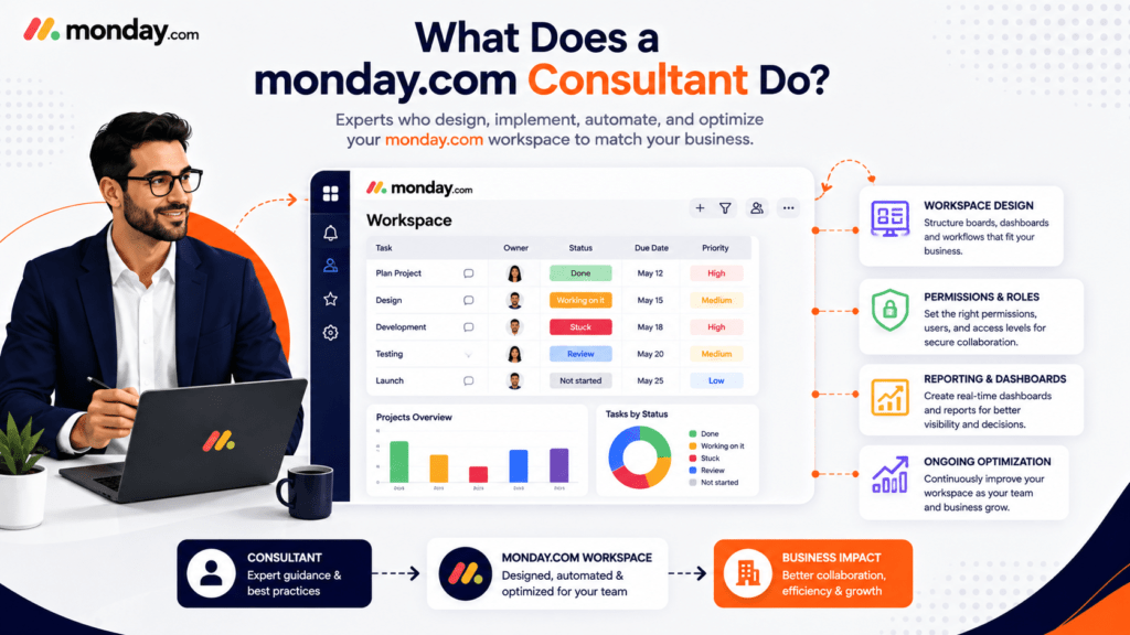 Infographic explaining what a monday.com consultant does, highlighting workspace setup, automation, integration, and workflow optimization.