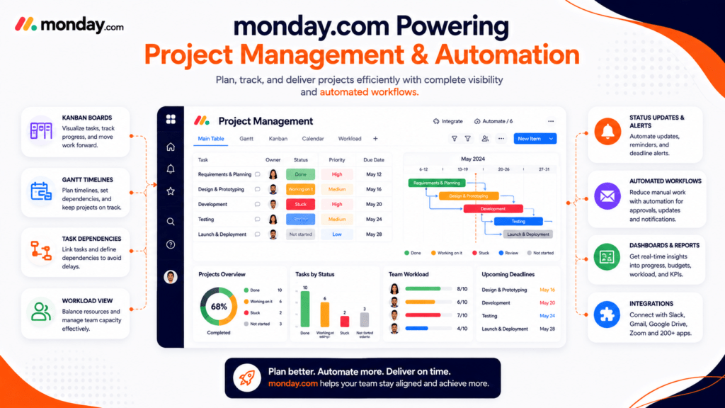 Infographic illustrating monday.com project management features, including Gantt charts, Kanban boards, sprint planning, and resource tracking.