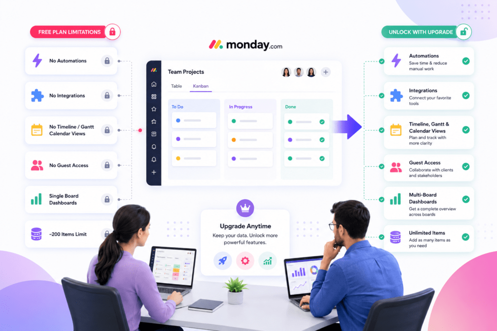 Overview of monday.com free plan limitations including seat caps and missing features