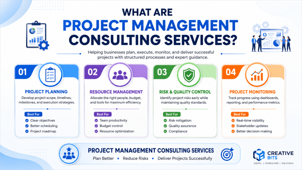 Infographic showing project management consultancy services including project planning, resource management, risk management, and project monitoring for successful project delivery.