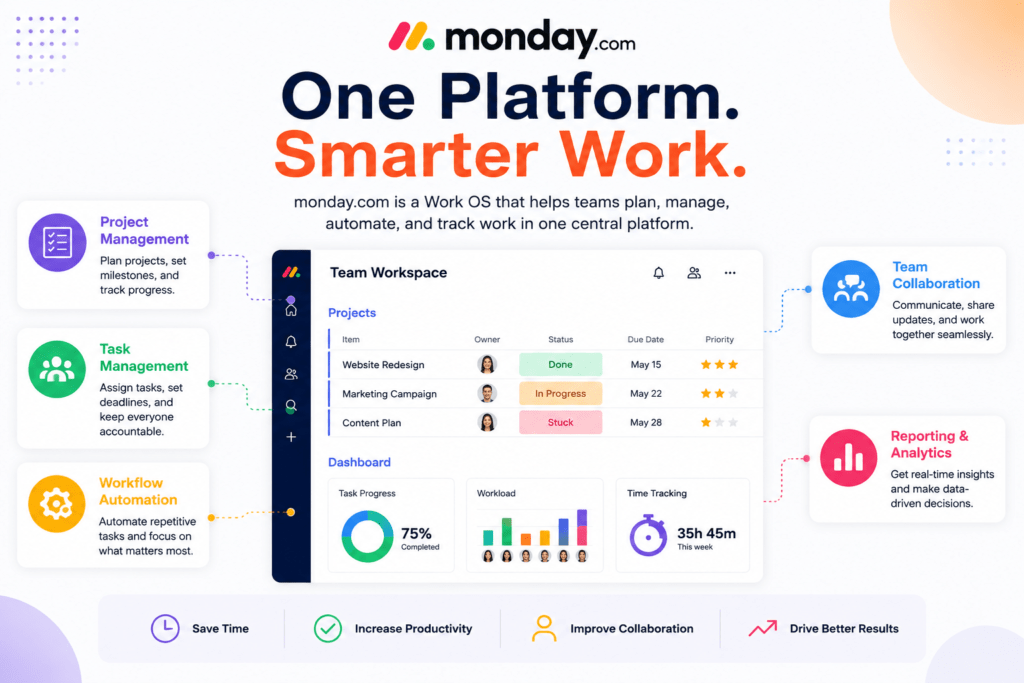 Infographic illustrating monday.com Salesforce integration showing data sync between CRM and Work OS platforms with focus on automated workflows and project tracking.