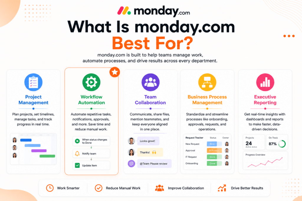 Infographic explaining what is monday.com best for, highlighting workflow automation, project management, and business process management capabilities.