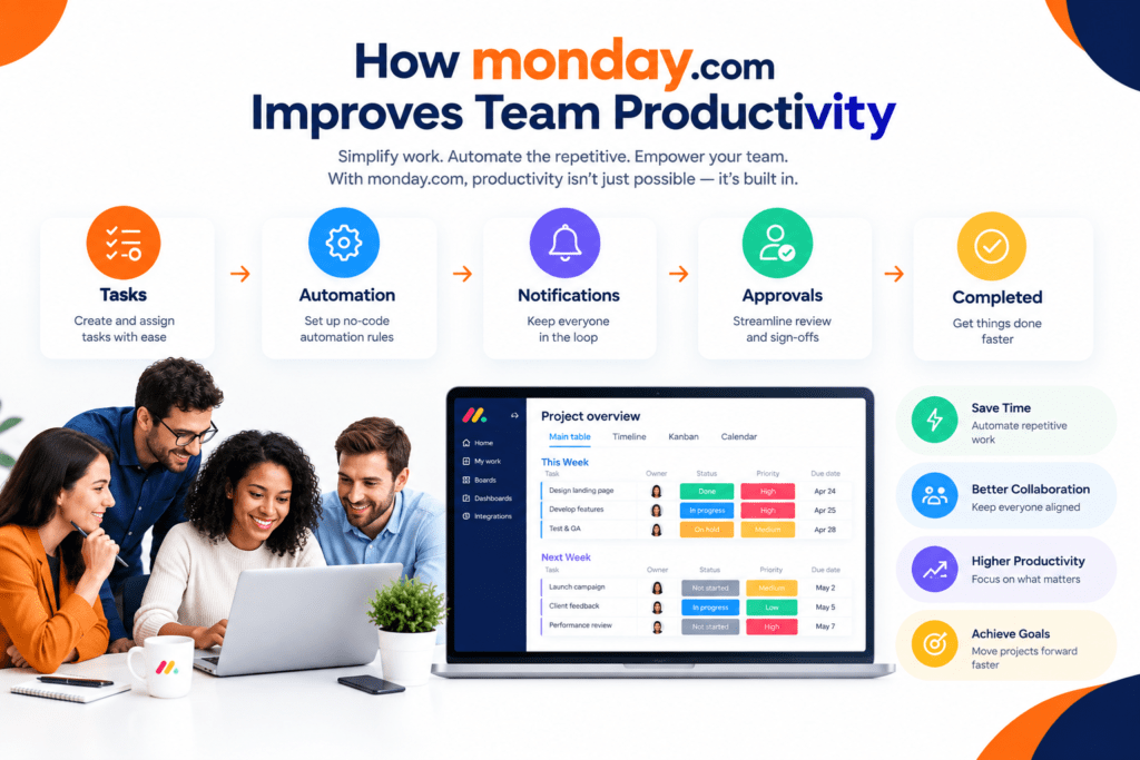 Infographic diagram illustrating how monday.com improves team productivity through automation, notifications, and central project boards