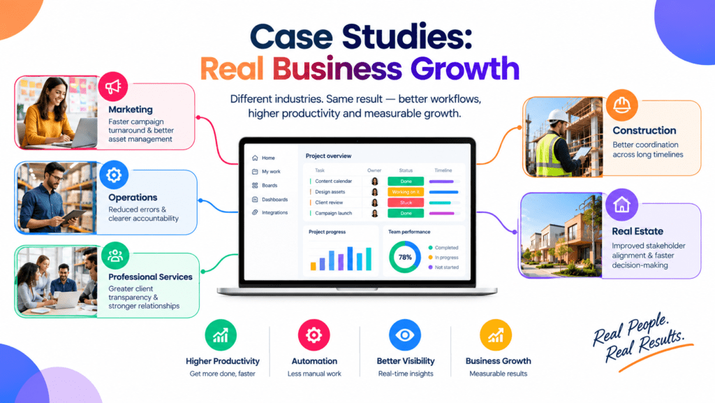 Infographic displaying real business growth metrics, process efficiency gains, and client success stories using monday.com