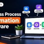 Banner featured image displaying the text "Business Process Automation Software" alongside modern digital icons representing software integrations, automated workflows, and desktop interfaces.