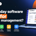 Graphic banner asking "Is monday software best for project management?" alongside a laptop showing a project management dashboard.