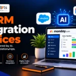 Professional dashboard visual displaying AI CRM integration services connecting sales, support, and marketing databases to streamline automated workflows.