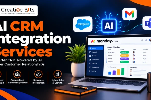 Professional dashboard visual displaying AI CRM integration services connecting sales, support, and marketing databases to streamline automated workflows.