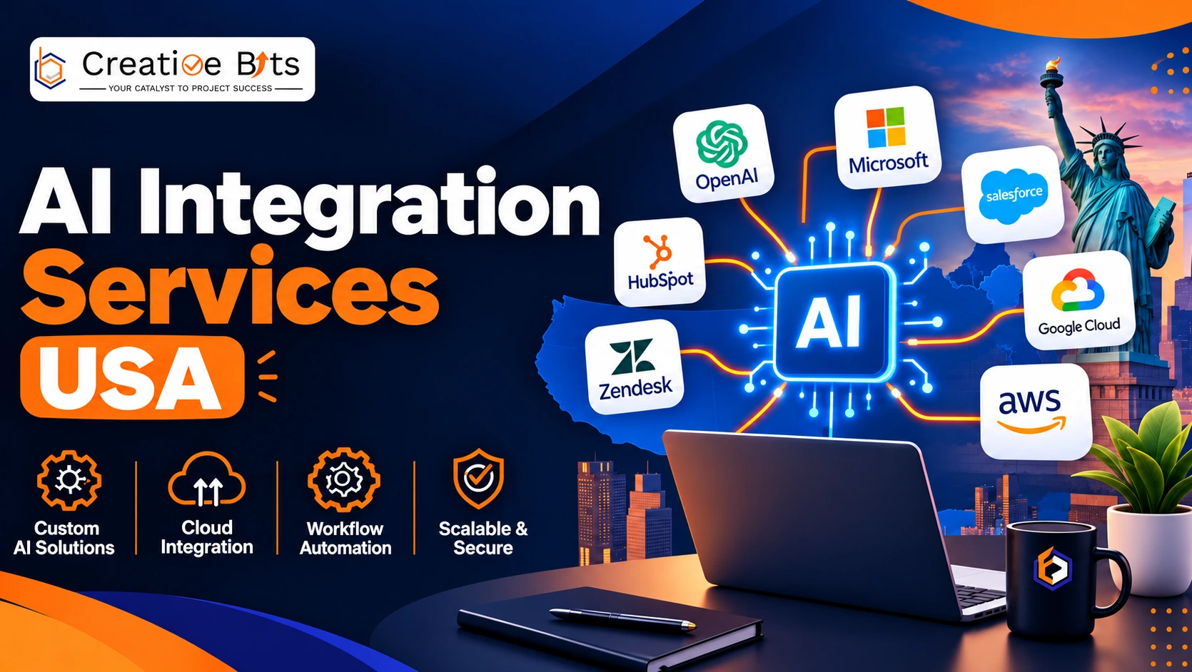 Graphic showing AI integration services connecting business apps, CRM systems, and AI workflows in the USA