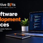 Graphic titled AI Software Development Services showcasing a laptop displaying connected software ecosystem icons alongside workplace automation tools.