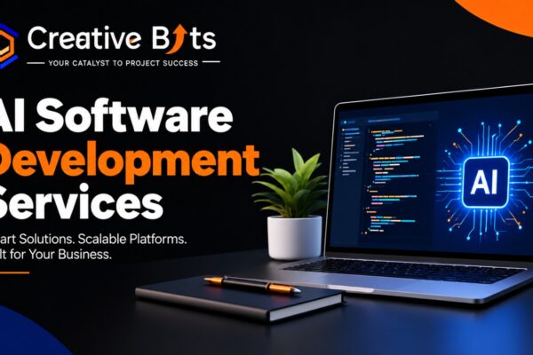 Graphic titled AI Software Development Services showcasing a laptop displaying connected software ecosystem icons alongside workplace automation tools.