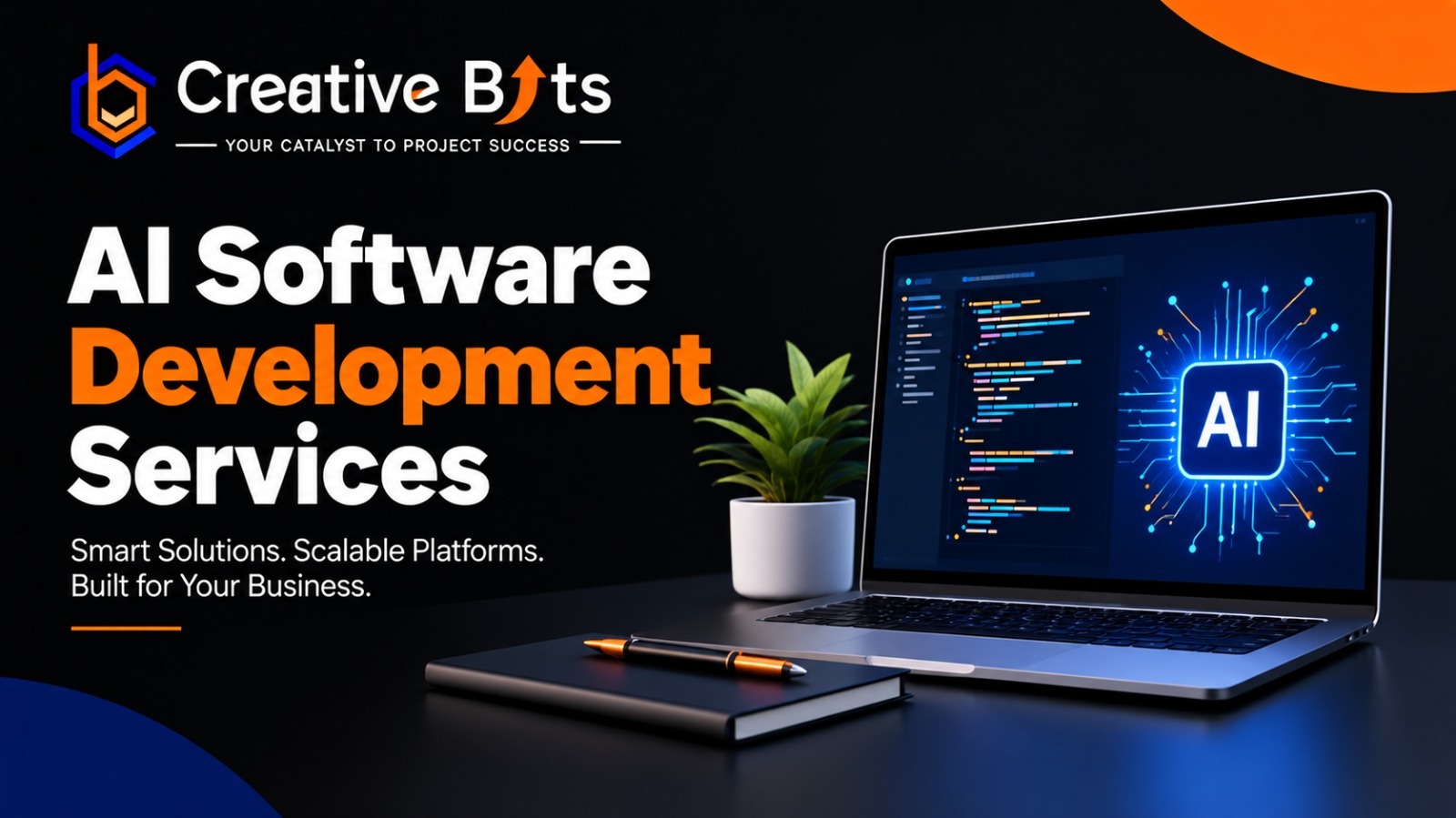 Graphic titled AI Software Development Services showcasing a laptop displaying connected software ecosystem icons alongside workplace automation tools.