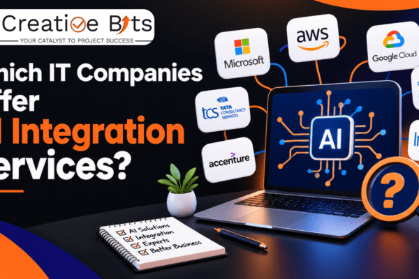 An infographic titled "IT Companies Delivering Powerful AI Integration Services," dividing companies into large global consultancies (like IBM), mid-size technical integrators, and boutique product-focused shops.