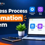 Diagram illustrating a business process automation system integrating digital workflows, cloud services, and automated data management on a laptop screen.