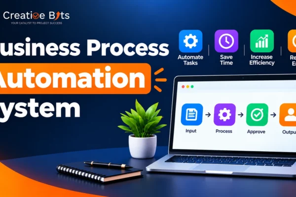 Diagram illustrating a business process automation system integrating digital workflows, cloud services, and automated data management on a laptop screen.