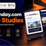 Graphic titled monday.com Case Studies featuring business dashboard analytics on mobile and desktop screens
