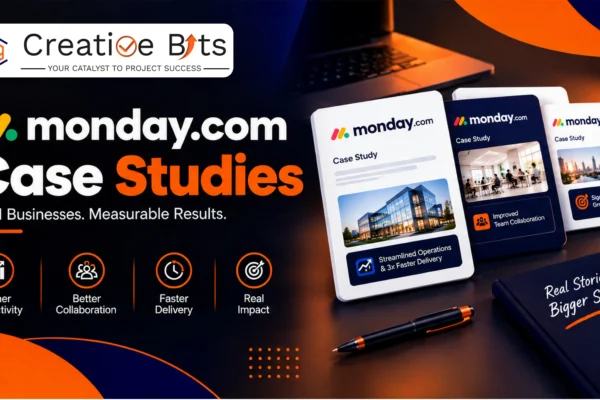 Graphic titled monday.com Case Studies featuring business dashboard analytics on mobile and desktop screens