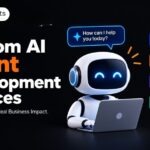 Graphic illustration representing custom AI agent development services, featuring a futuristic AI assistant robot interacting with business software interface windows.
