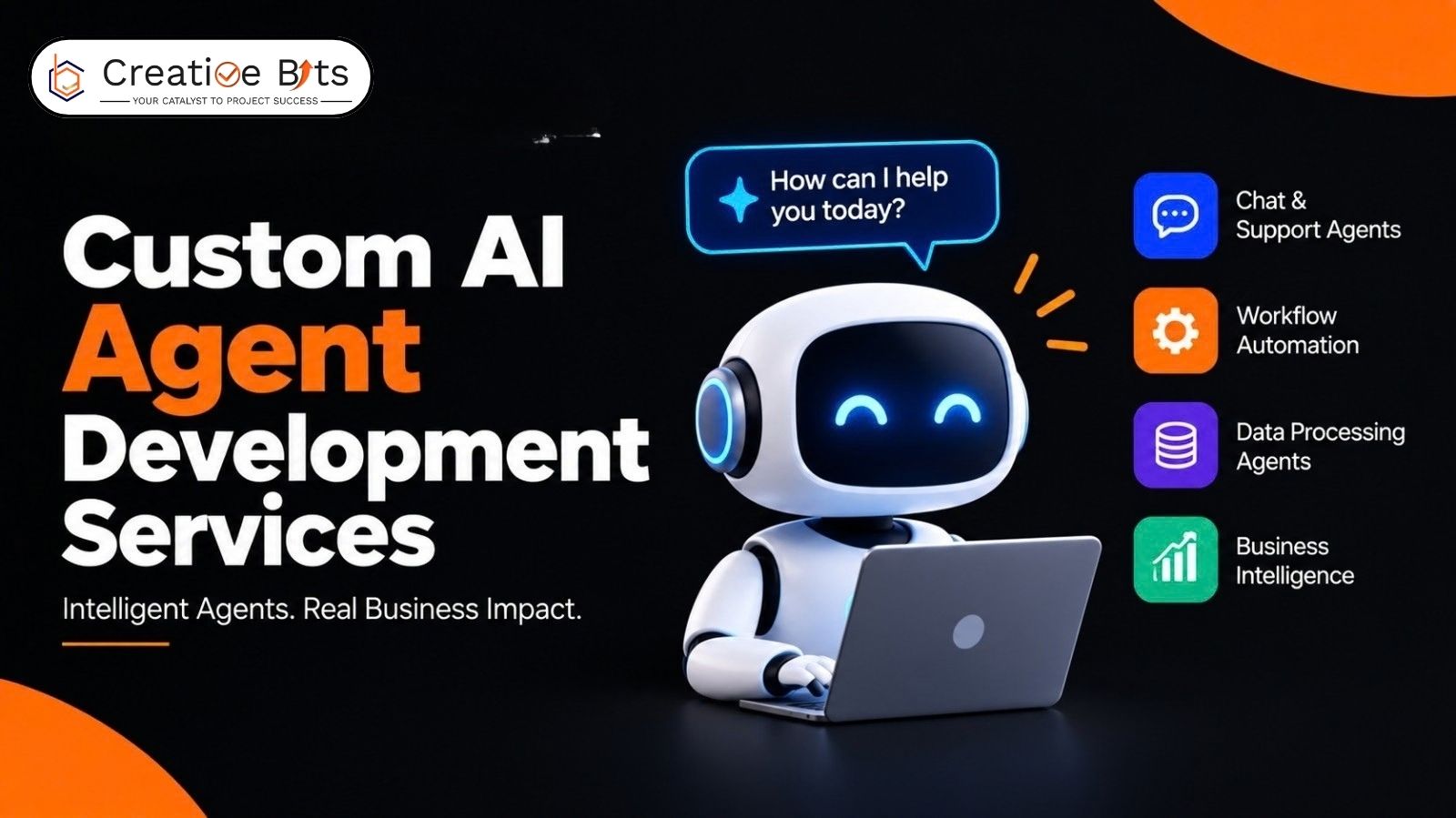 Graphic illustration representing custom AI agent development services, featuring a futuristic AI assistant robot interacting with business software interface windows.