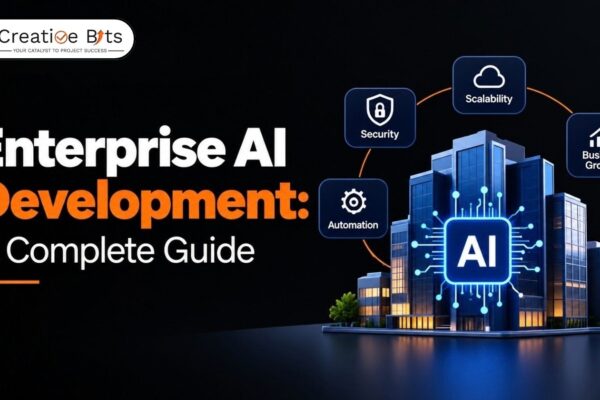 Graphic featured image titled Enterprise AI Development: A Complete Guide highlighting cloud nodes, security shields, data automation, and enterprise infrastructure icons.