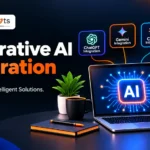 A workspace setup featuring a laptop displaying a generative AI integration workflow diagram, surrounded by business app integration icons.