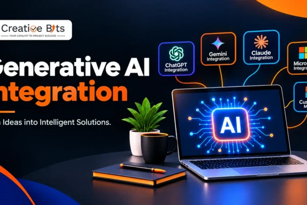 A workspace setup featuring a laptop displaying a generative AI integration workflow diagram, surrounded by business app integration icons.