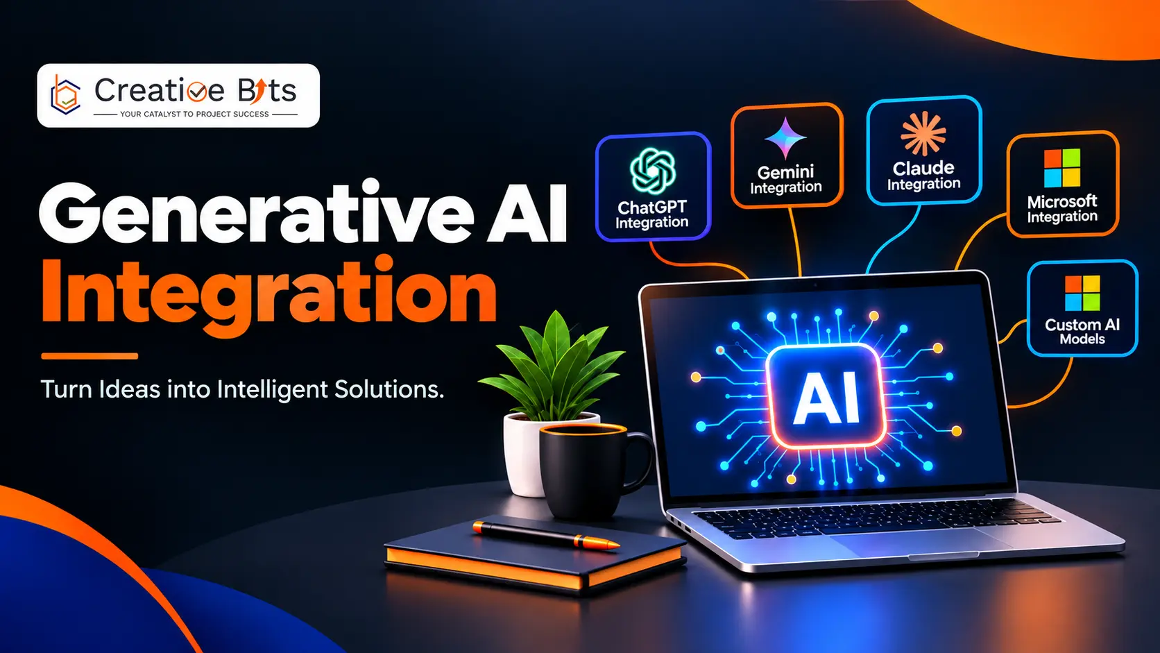 A workspace setup featuring a laptop displaying a generative AI integration workflow diagram, surrounded by business app integration icons.