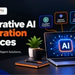 A workspace setup showing a laptop with a generative AI integration workflow diagram, surrounded by app integration icons.
