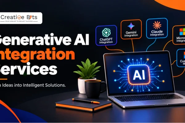 A workspace setup showing a laptop with a generative AI integration workflow diagram, surrounded by app integration icons.
