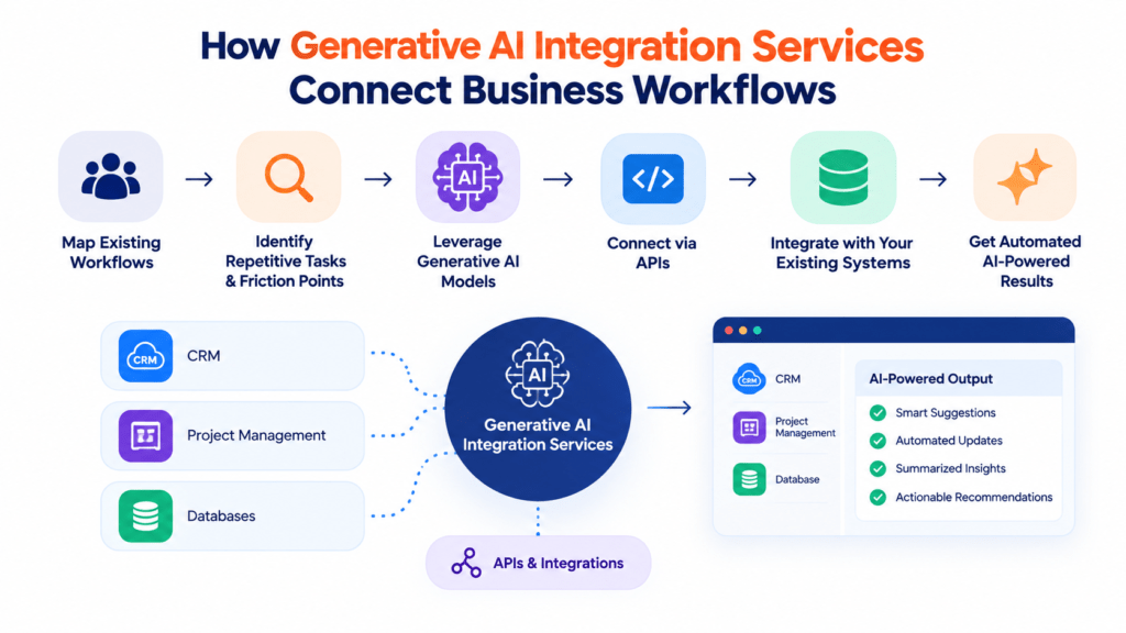 A workflow diagram illustrating generative AI integration services connecting business processes, APIs, LLMs, and existing tools.