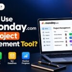 Step-by-step graphic guide titled "How to Use Monday.com as a Project Management Tool" featuring a dashboard displaying project tracking workflows and tasks on a laptop.