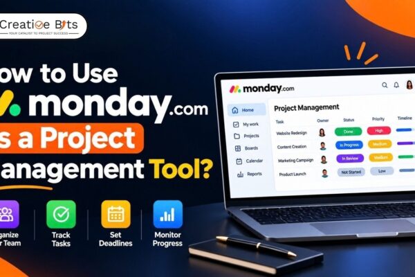 Step-by-step graphic guide titled "How to Use Monday.com as a Project Management Tool" featuring a dashboard displaying project tracking workflows and tasks on a laptop.