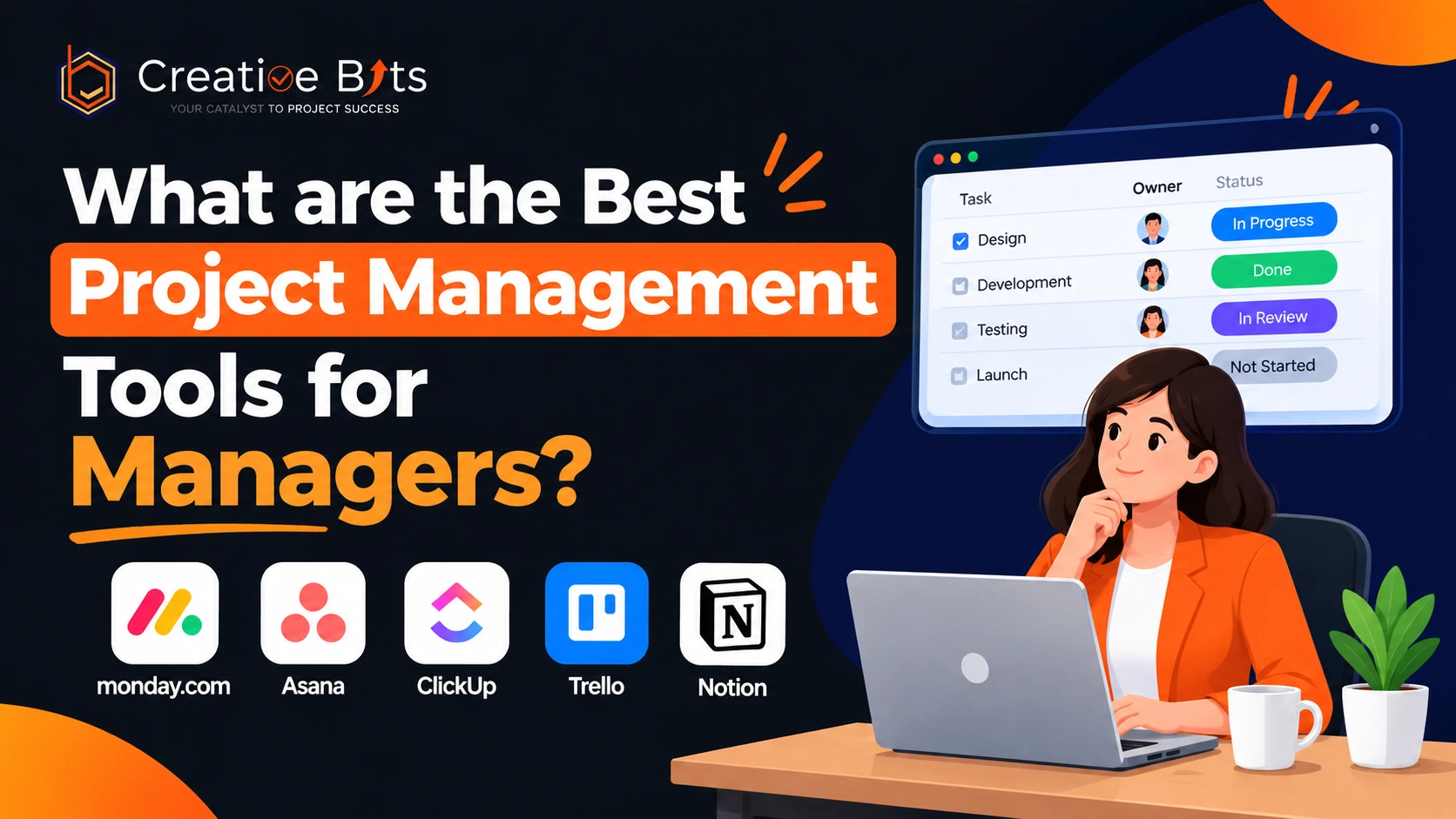 Promotional banner featured image displaying a professional working on a laptop next to the headline "What are the best Project Management Tools for Managers?" alongside modern software interface preview cards.