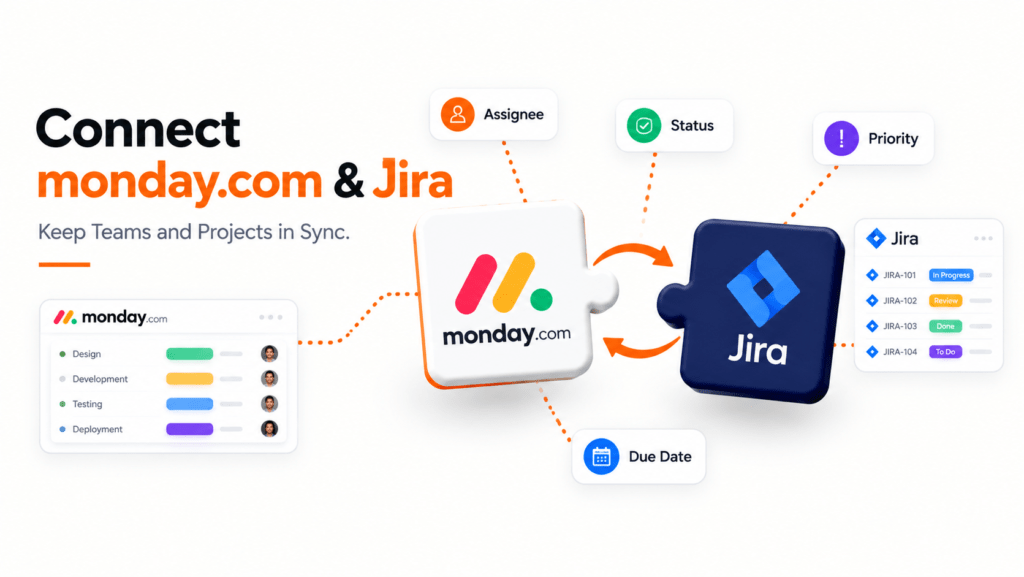 Diagram showing seamless two-way data sync between monday.com and Jira platforms