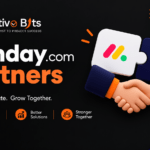 Creative Bits monday.com Partners banner showing a team handshake illustration and workflow automation solutions