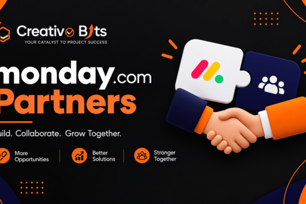 Creative Bits monday.com Partners banner showing a team handshake illustration and workflow automation solutions