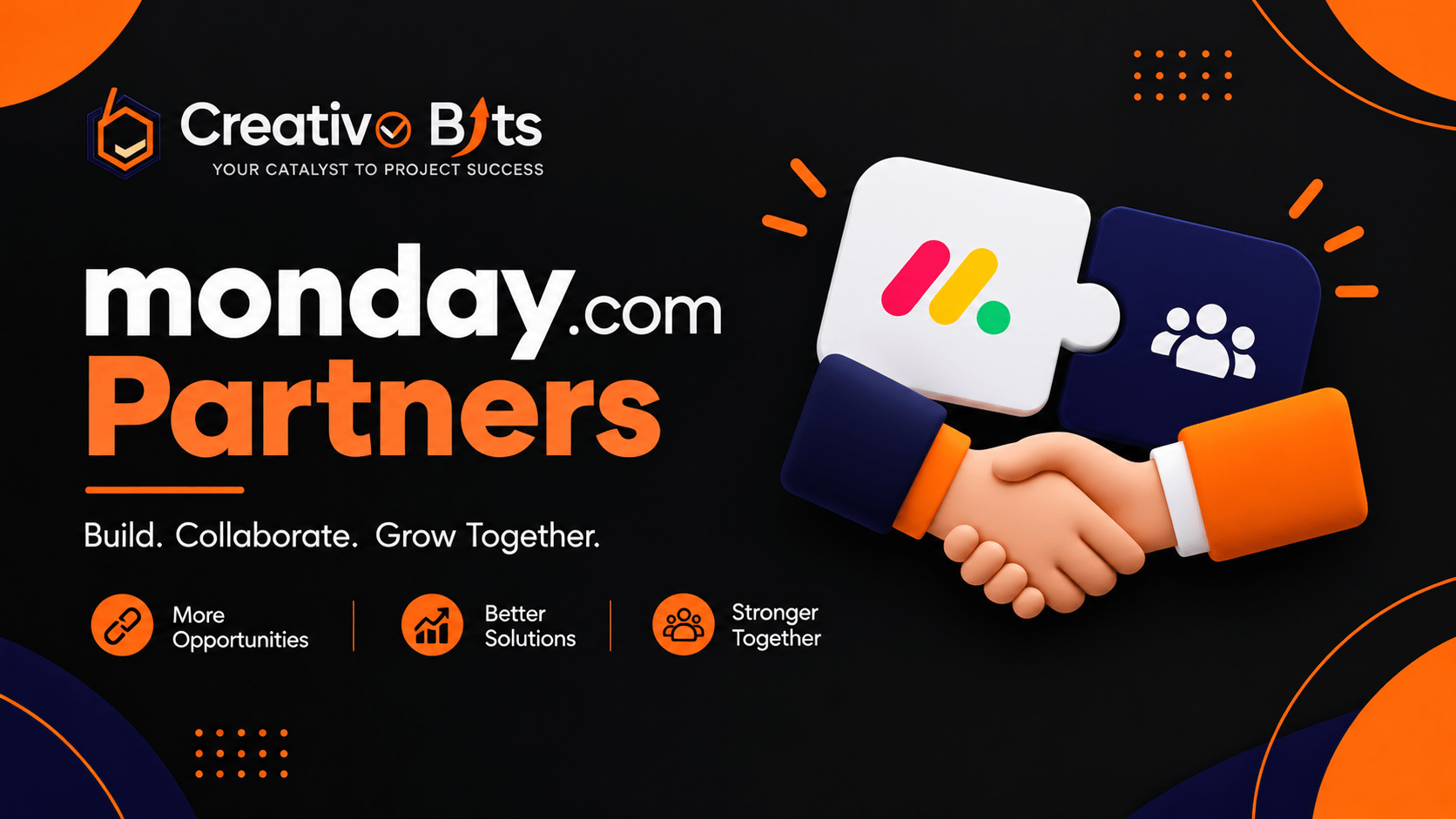 Creative Bits monday.com Partners banner showing a team handshake illustration and workflow automation solutions