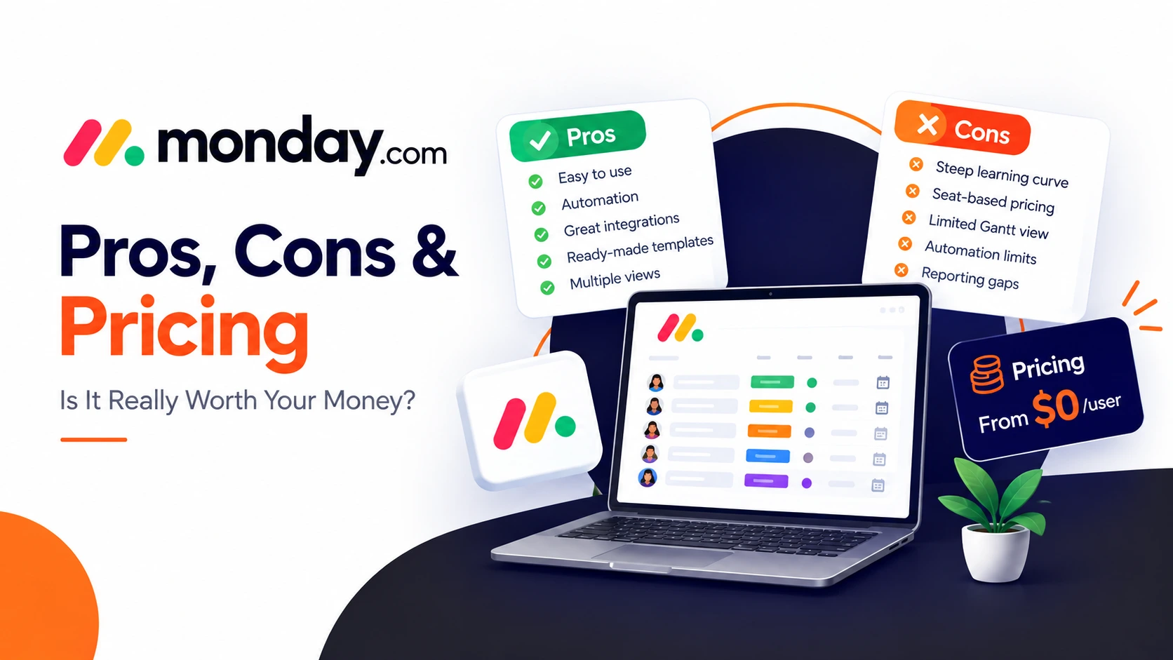 Infographic card titled "Monday.com Pros and Cons" highlighting visual workflow flexibility and automations versus pricing tiers and seat limits.