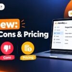 Graphic review banner titled "monday.com Review: Pros, Cons & Pricing" featuring a laptop displaying a monday.com dashboard and pricing icons.